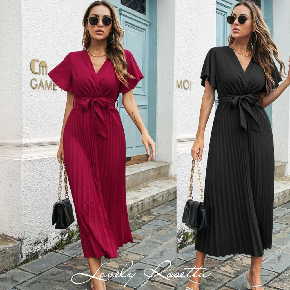 Wine Belted Surplice Midi Dress - Picture 3 of 9